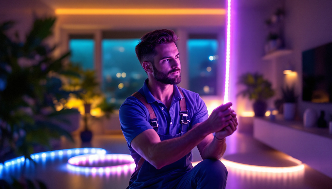 A photograph of a skilled lighting contractor installing vibrant led tape strip lights in a modern home setting