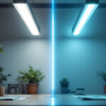 A photograph of a side-by-side comparison of a fluorescent tube and an led replacement tube installed in a well-lit workspace