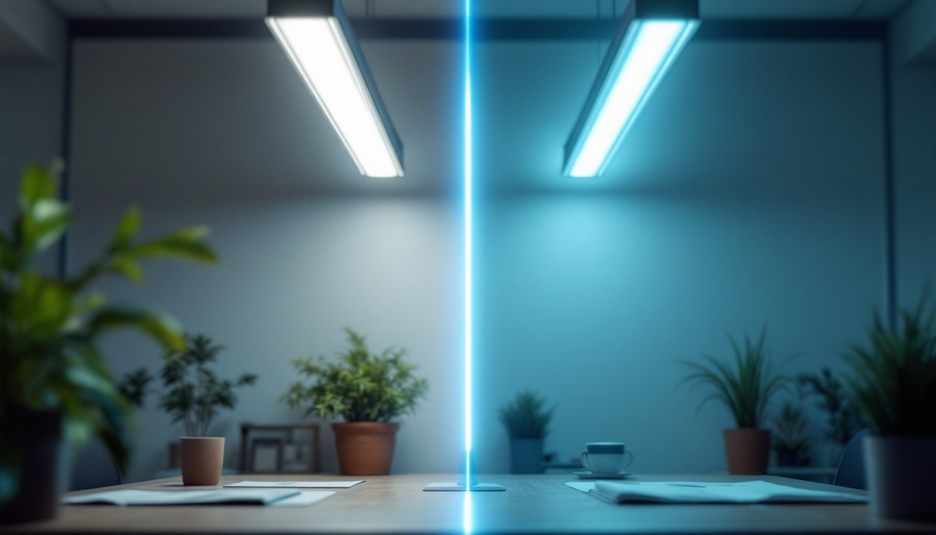 A photograph of a side-by-side comparison of a fluorescent tube and an led replacement tube installed in a well-lit workspace
