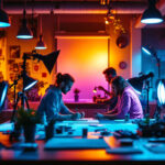 A photograph of a dynamic workspace where artists and designers collaborate on a lighting project