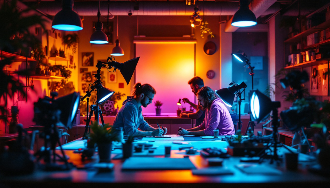 A photograph of a dynamic workspace where artists and designers collaborate on a lighting project