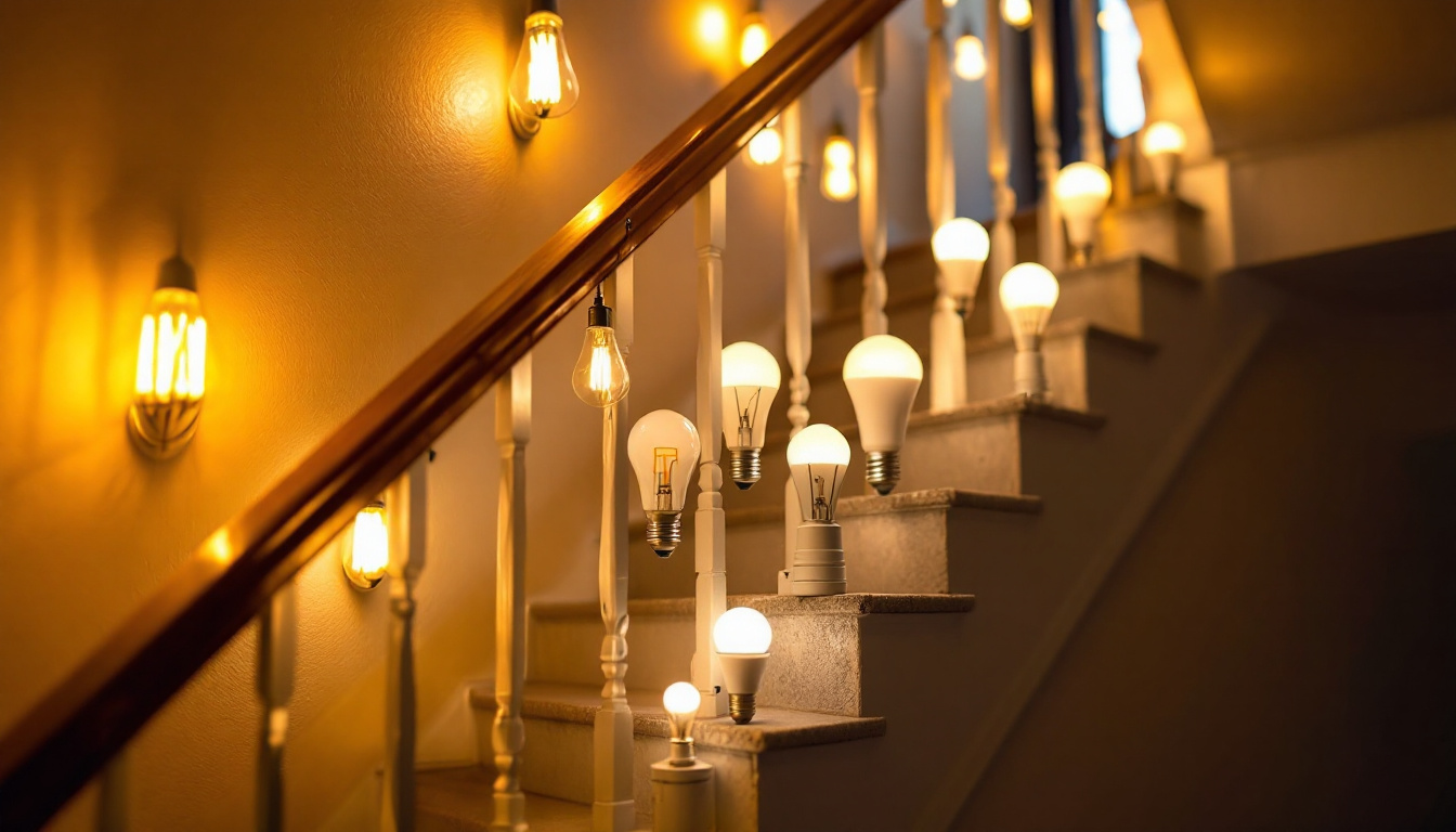 A photograph of a well-lit staircase featuring various types of energy-efficient light bulbs