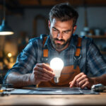 A photograph of a lighting contractor examining and comparing a vibrant led light and a traditional fluorescent bulb in a well-lit workspace
