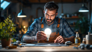 A photograph of a lighting contractor examining and comparing a vibrant led light and a traditional fluorescent bulb in a well-lit workspace