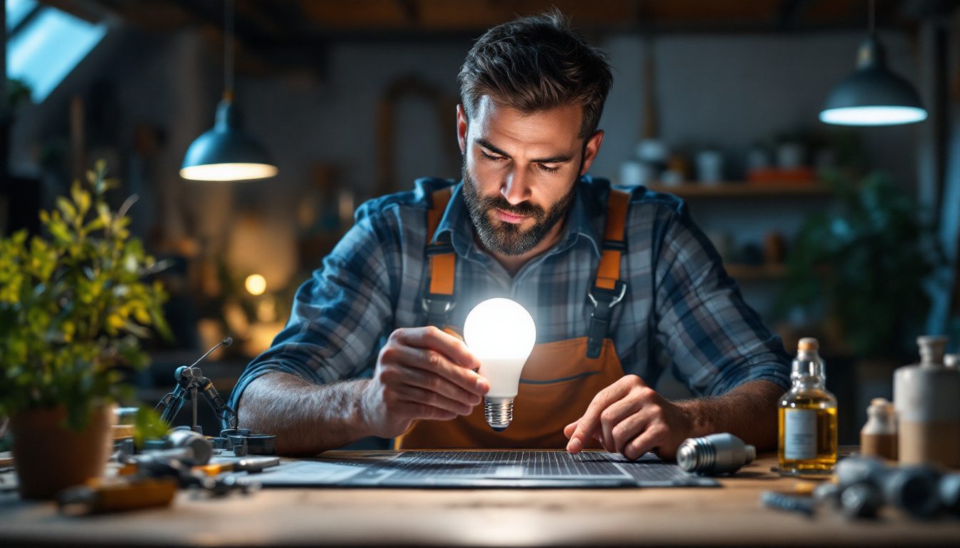 A photograph of a lighting contractor examining and comparing a vibrant led light and a traditional fluorescent bulb in a well-lit workspace