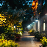 A photograph of a well-lit outdoor space showcasing various flood lighting installations
