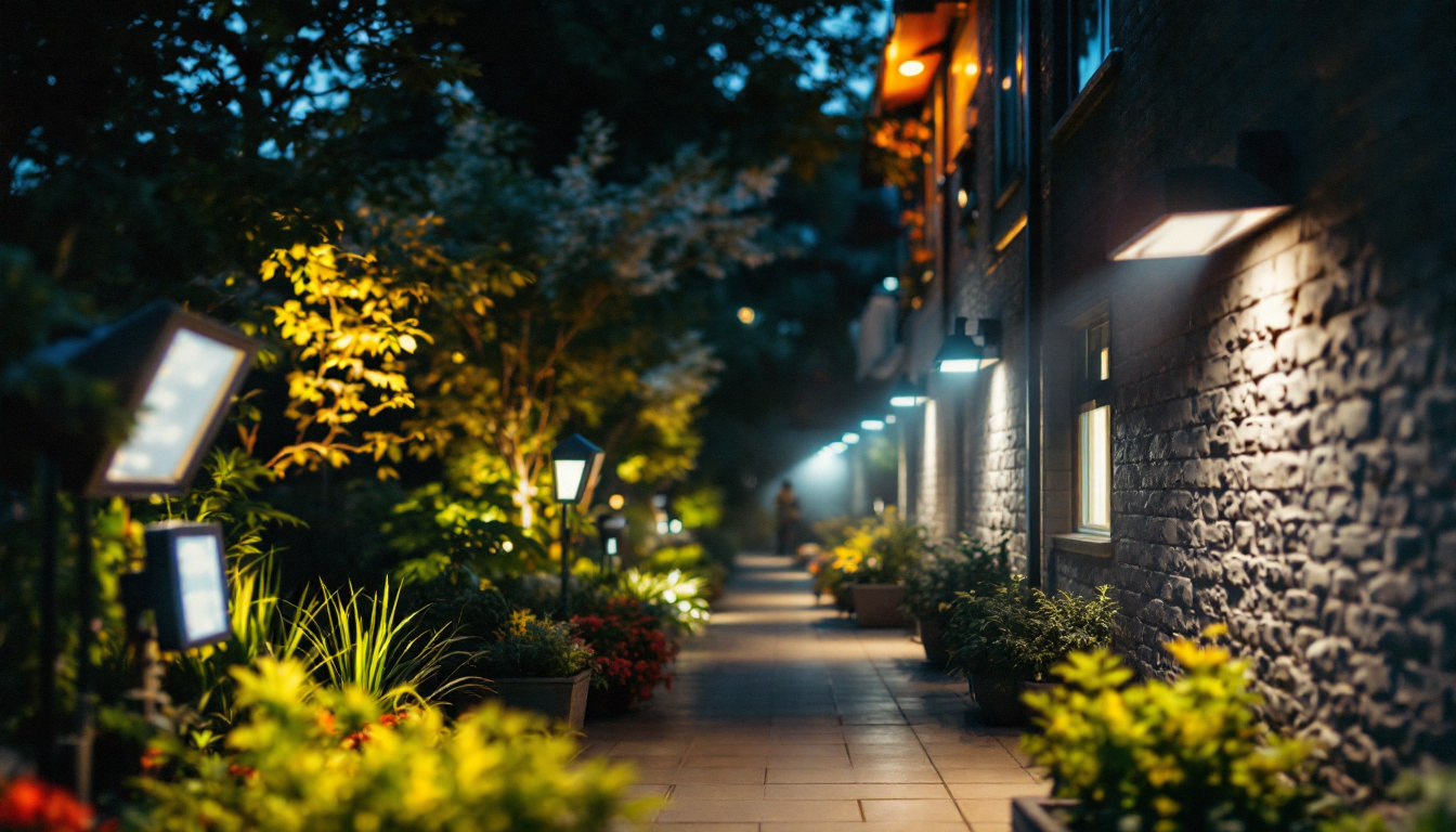 A photograph of a well-lit outdoor space showcasing various flood lighting installations
