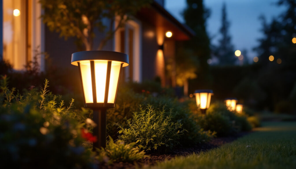 A photograph of a beautifully illuminated outdoor space featuring a modern led yard light