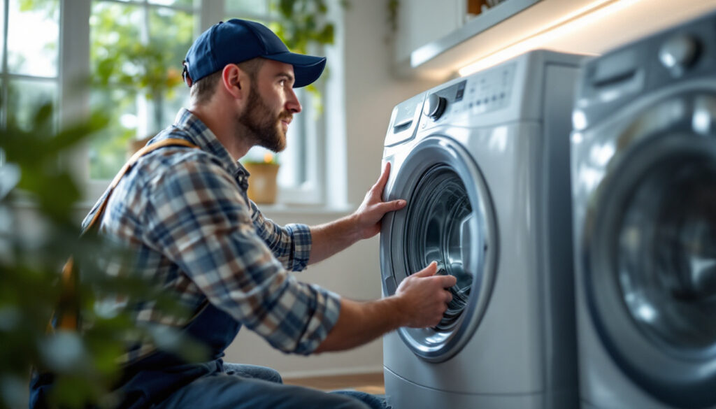 A photograph of a modern washing machine outlet installation in a well-lit laundry room