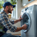 A photograph of a modern washing machine outlet installation in a well-lit laundry room