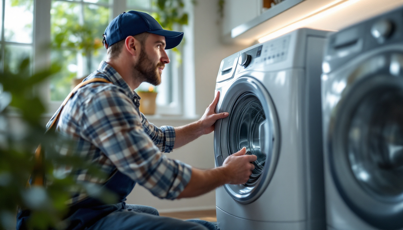 A photograph of a modern washing machine outlet installation in a well-lit laundry room