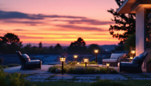 A photograph of a beautifully illuminated outdoor space featuring various styles of solar lighting