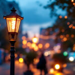 A photograph of a beautifully illuminated lamp street light at dusk