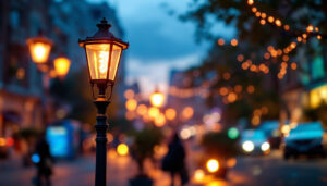 A photograph of a beautifully illuminated lamp street light at dusk