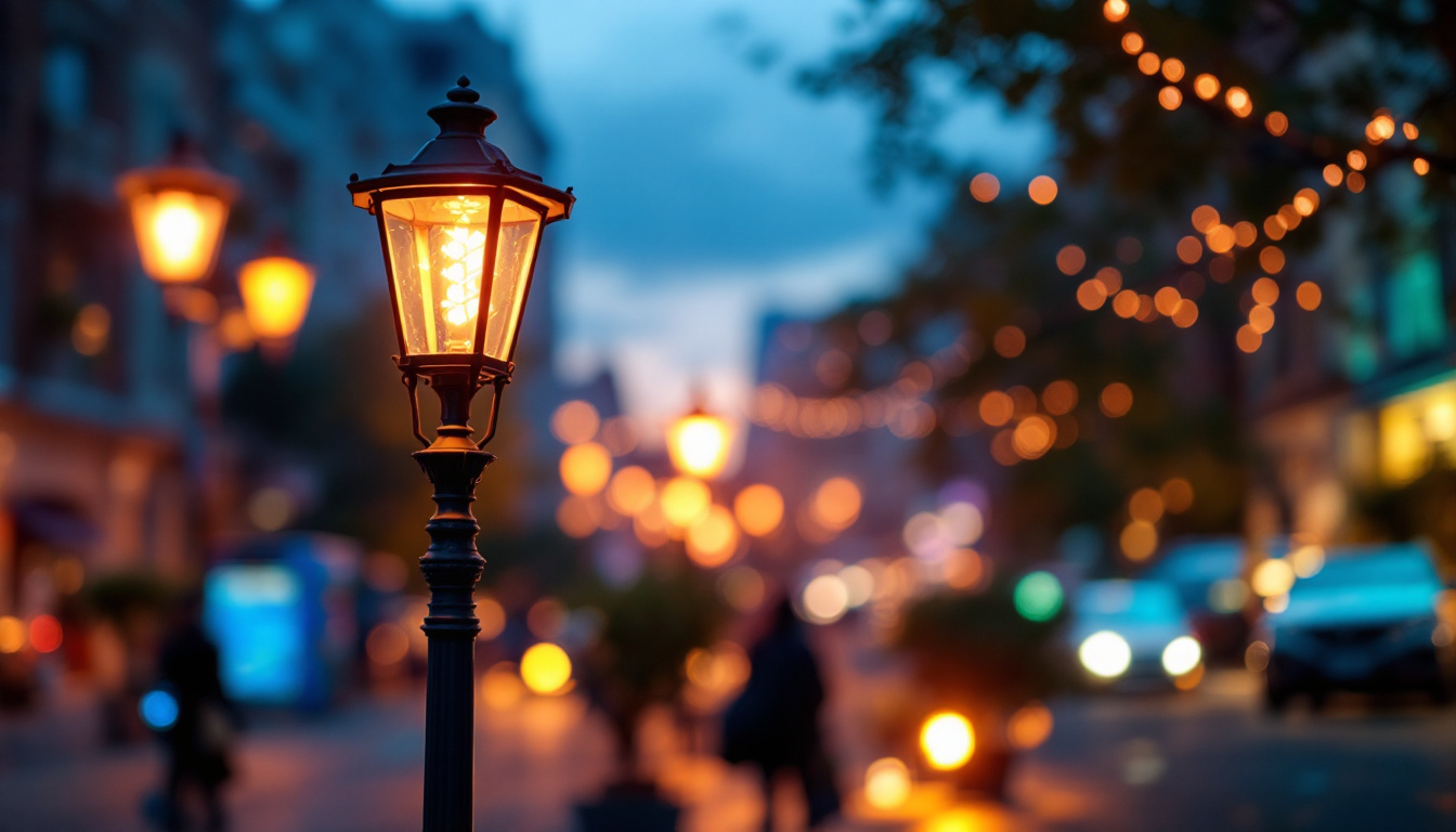 A photograph of a beautifully illuminated lamp street light at dusk
