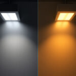 A photograph of a side-by-side comparison of a fluorescent light fixture and an led light fixture in a well-lit room