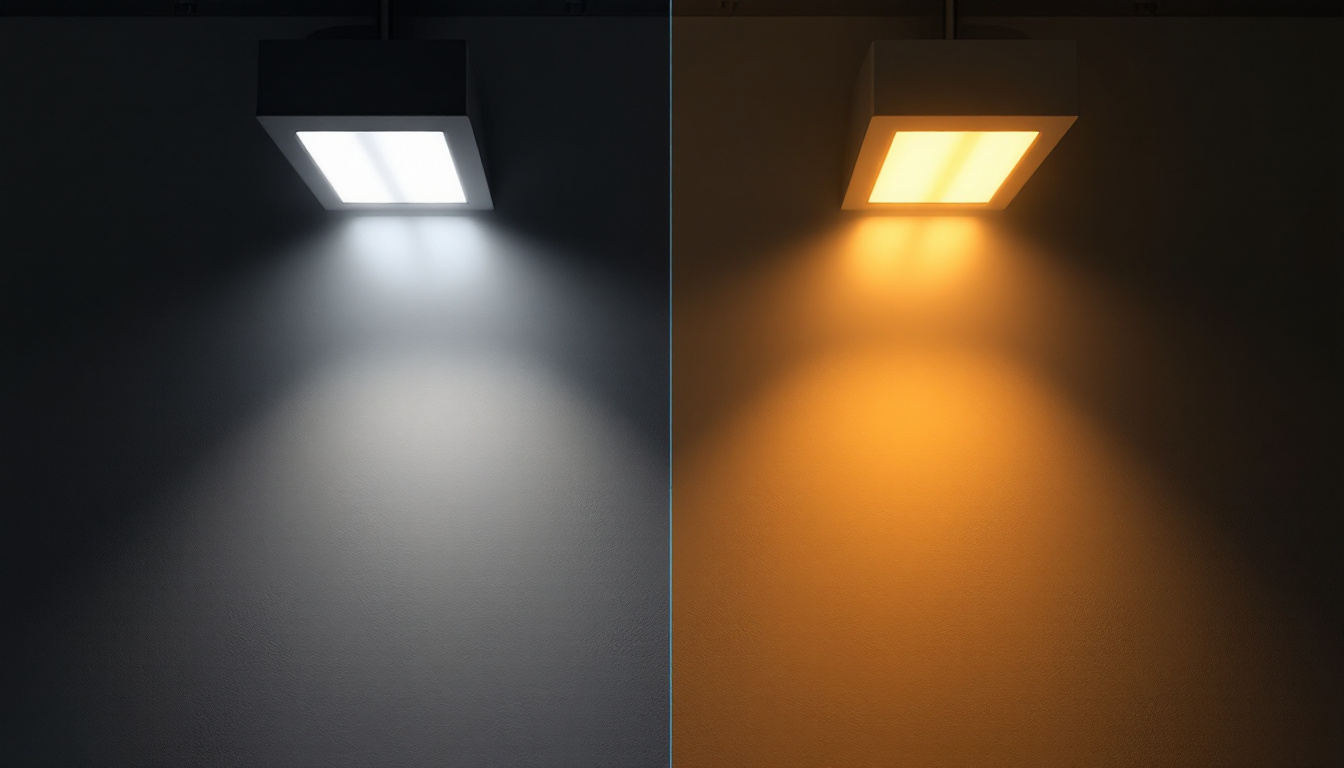 A photograph of a side-by-side comparison of a fluorescent light fixture and an led light fixture in a well-lit room