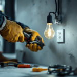 A photograph of a lighting contractor expertly installing an electric socket outlet in a modern residential setting