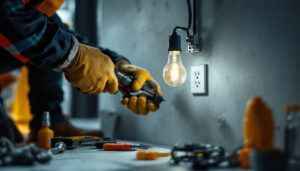 A photograph of a lighting contractor expertly installing an electric socket outlet in a modern residential setting