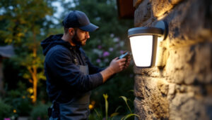 A photograph of a skilled lighting contractor installing a stylish outdoor sensor light in a beautifully landscaped garden