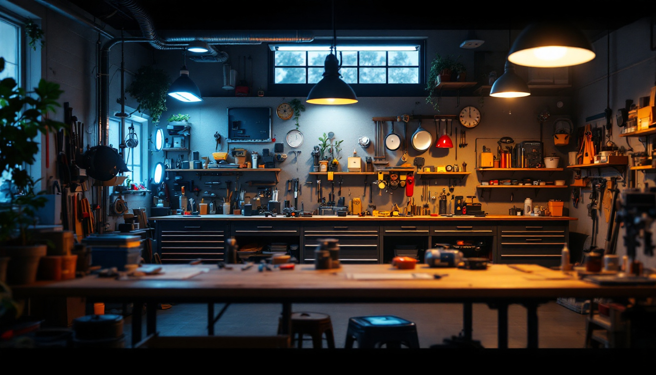 A photograph of a well-lit garage workshop featuring various types of shop lights in use