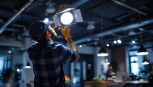 A photograph of a lighting contractor installing led indoor flood lights in a modern commercial space