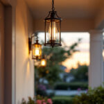 A photograph of a beautifully designed front porch with an elegant hanging light fixture illuminating the space