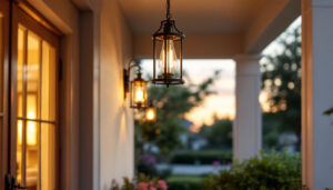 A photograph of a beautifully designed front porch with an elegant hanging light fixture illuminating the space