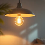 A photograph of a stylish ceiling-mounted lamp illuminating a cozy living space