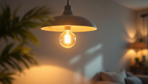 A photograph of a stylish ceiling-mounted lamp illuminating a cozy living space