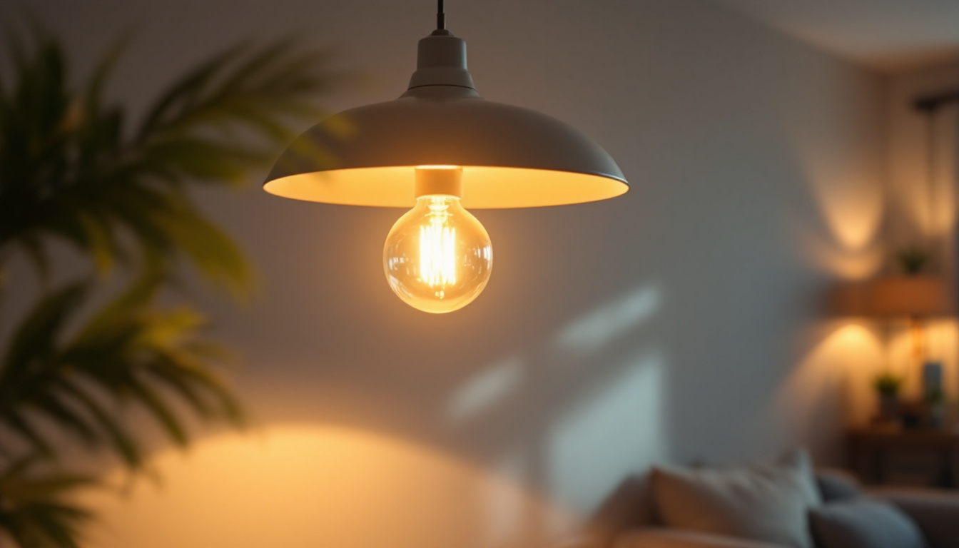 A photograph of a stylish ceiling-mounted lamp illuminating a cozy living space