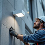 A photograph of a lighting contractor installing a rab wall pack fixture on a commercial building