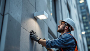 A photograph of a lighting contractor installing a rab wall pack fixture on a commercial building