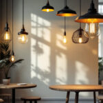 A photograph of a stylish interior space featuring contemporary light pendants in various designs
