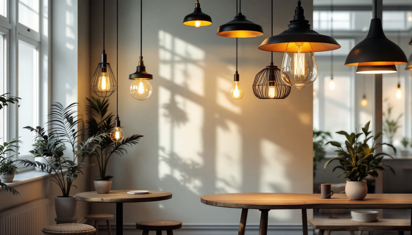 A photograph of a stylish interior space featuring contemporary light pendants in various designs