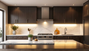 A photograph of a well-designed kitchen featuring recessed lighting