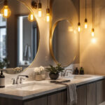 A photograph of a stylish bathroom vanity featuring modern