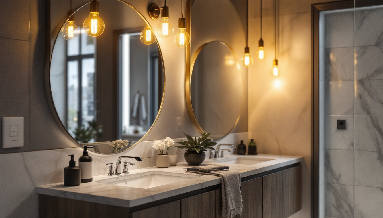 A photograph of a stylish bathroom vanity featuring modern