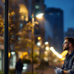 A photograph of a well-lit urban street scene showcasing modern light pole lights illuminating the area