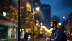 A photograph of a well-lit urban street scene showcasing modern light pole lights illuminating the area