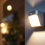 A photograph of a motion sensor light installed in a residential or commercial setting