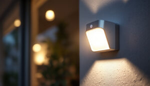 A photograph of a motion sensor light installed in a residential or commercial setting