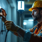 A photograph of a lighting contractor inspecting or installing a battery emergency lamp in a dimly lit environment