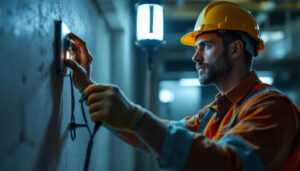 A photograph of a lighting contractor inspecting or installing a battery emergency lamp in a dimly lit environment