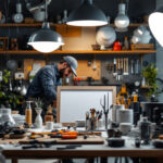 A photograph of a well-organized workspace featuring various lighting fixture parts