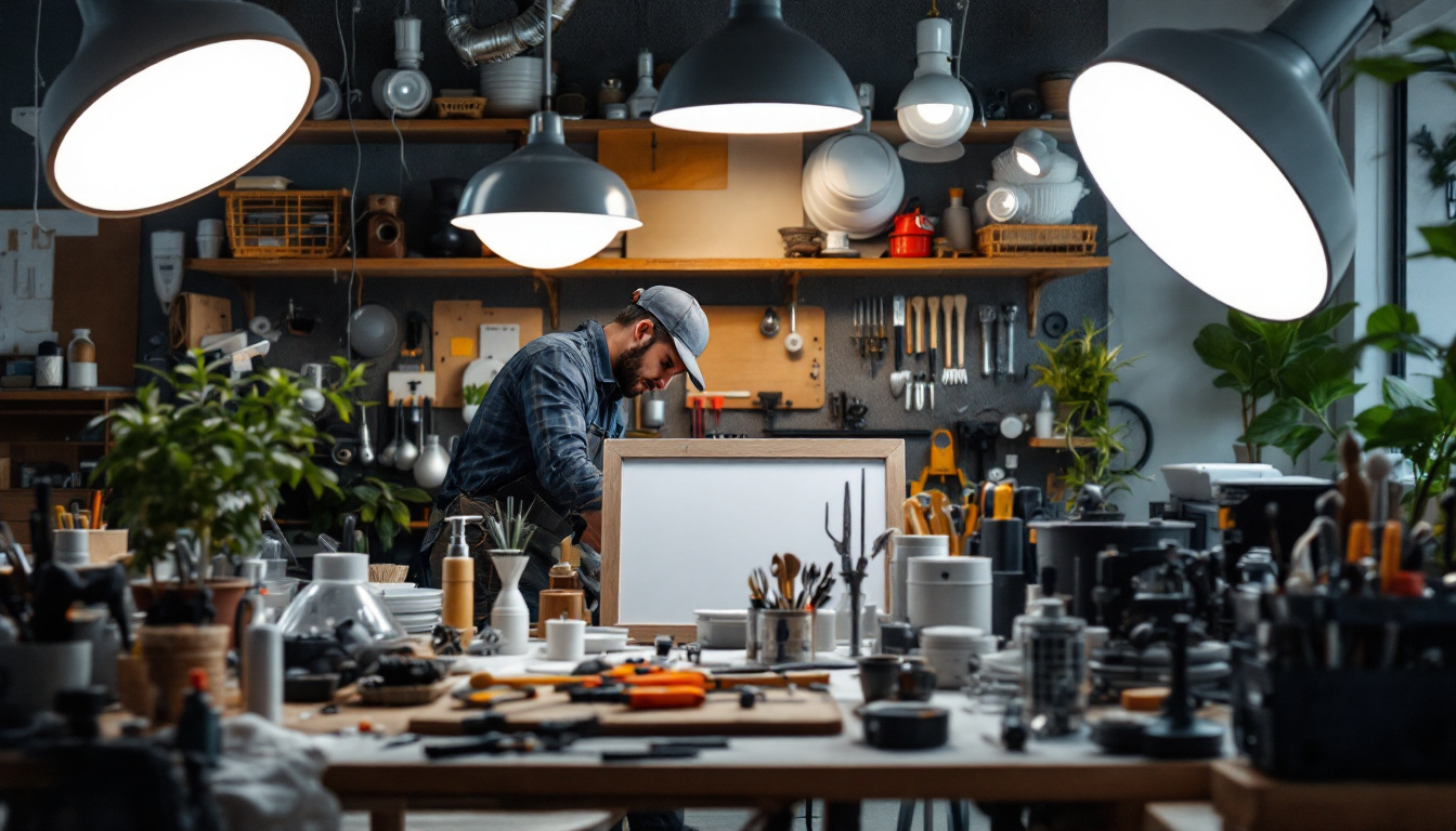A photograph of a well-organized workspace featuring various lighting fixture parts