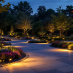 A photograph of a beautifully landscaped outdoor space illuminated by various styles of led lights