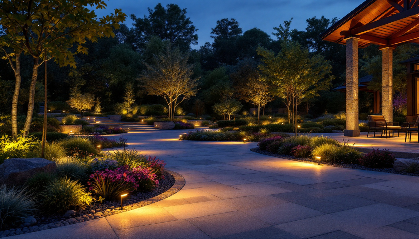 A photograph of a beautifully landscaped outdoor space illuminated by various styles of led lights