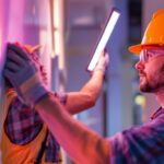 A photograph of a lighting contractor engaged in the installation of a modern lighting panel in a commercial setting