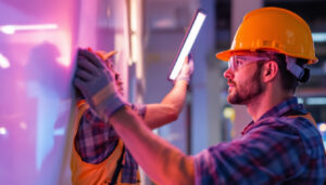 A photograph of a lighting contractor engaged in the installation of a modern lighting panel in a commercial setting